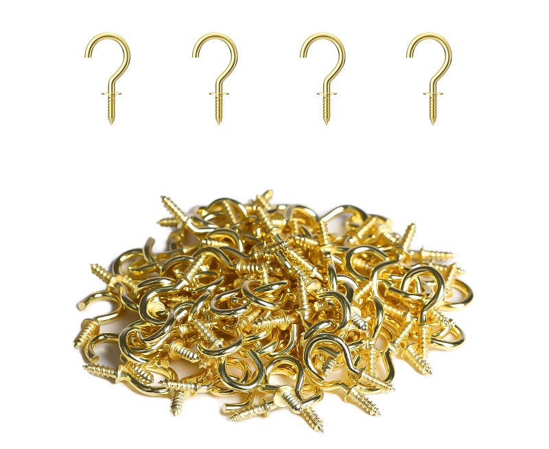 RELBRO 100 Pcs Small Screw Hooks  1/2 Inch Gold Mini Screw in Jewelry Hooks Tiny Metal Screw Wood Ceiling Wall Hooks for Jewelries Crafts Keys Caps Plants String Lights Wreaths - Image 1
